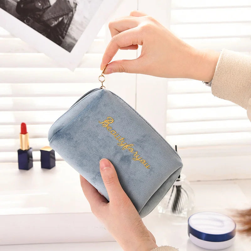 Velvet Women Cosmetic Bag Travel Zipper Large for Makeup Solid Color