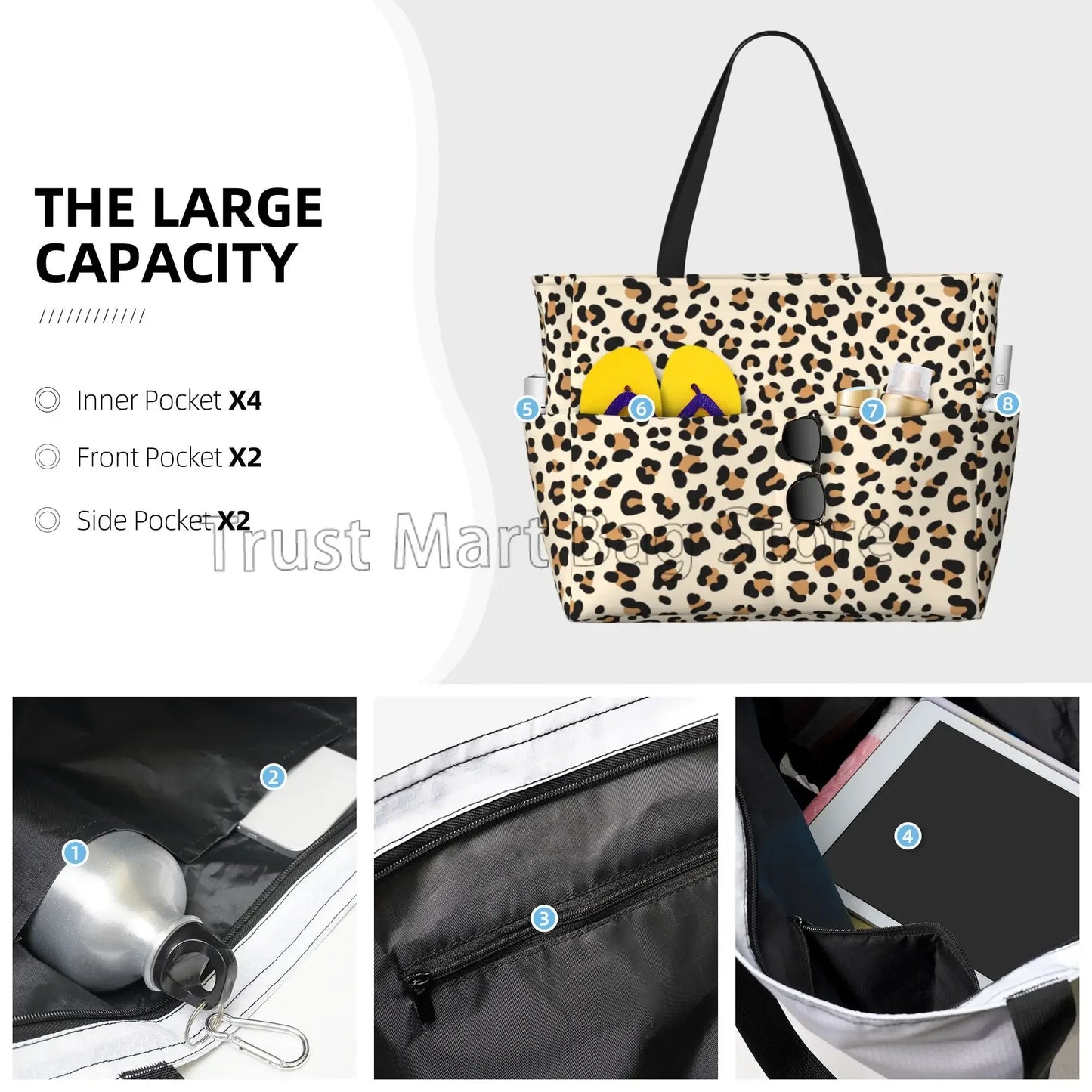 Große Tragetasche mit Leopardenmuster – Wasserdichte Strandtasche mit Taschen