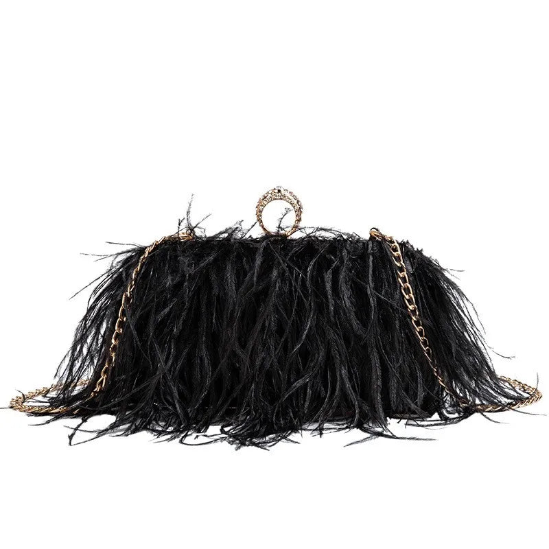 Multicolored Ostrich Feather Evening Clutch Purse with Knuckle Ring