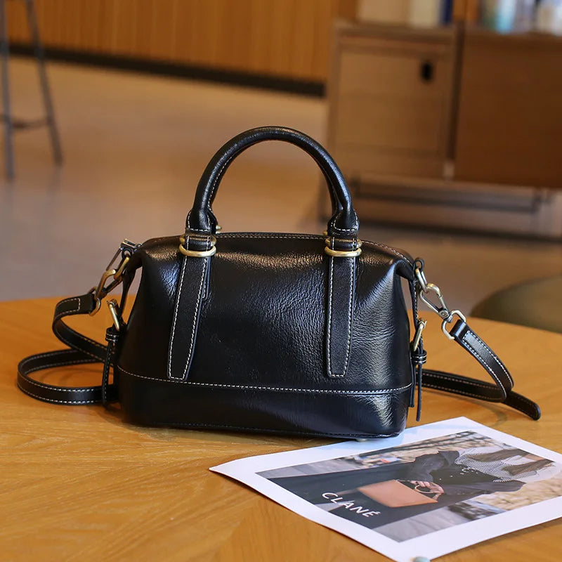 Vintage Luxury Cowhide Leather Women's Shoulder Bag Designer Boston
