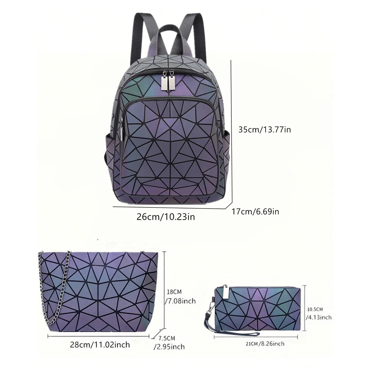 Leuchtender geometrischer Rucksack für Damen – holografische PVC-Schultasche für Teenager und Reisen