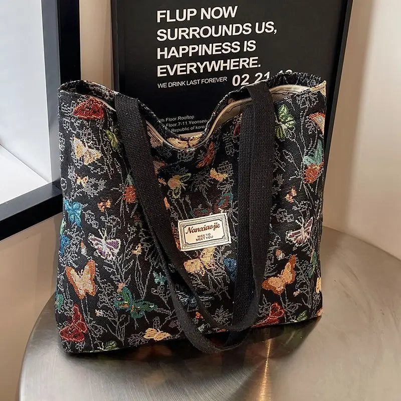 Schicke Canvas-Handtasche mit großem Fassungsvermögen und buntem Schmetterlings- und Blumendesign – modische Umhängetasche mit Reißverschluss