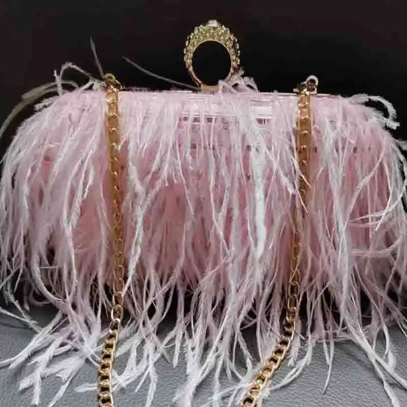 Multicolored Ostrich Feather Evening Clutch Purse with Knuckle Ring