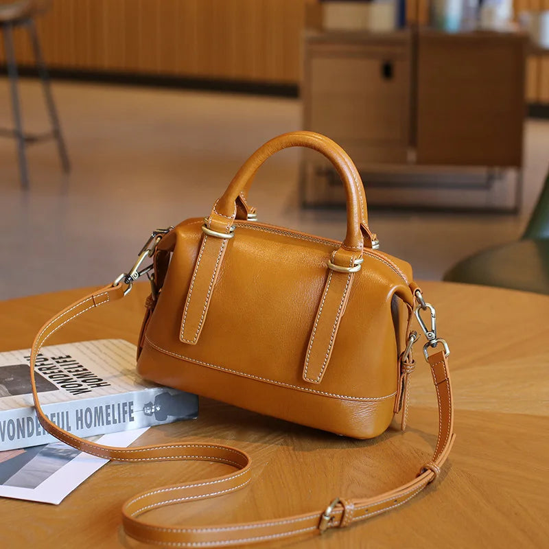 Vintage Luxury Cowhide Leather Women's Shoulder Bag Designer Boston