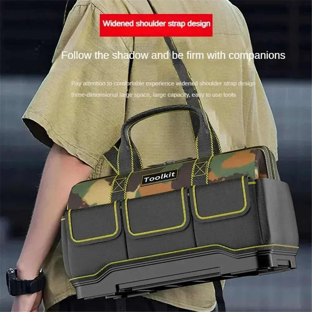 Werkzeugtasche für Elektriker in Camouflage – Wasserdichter, harter Boden, Werkzeug-Organizer mit mehreren Taschen und Schultergurt