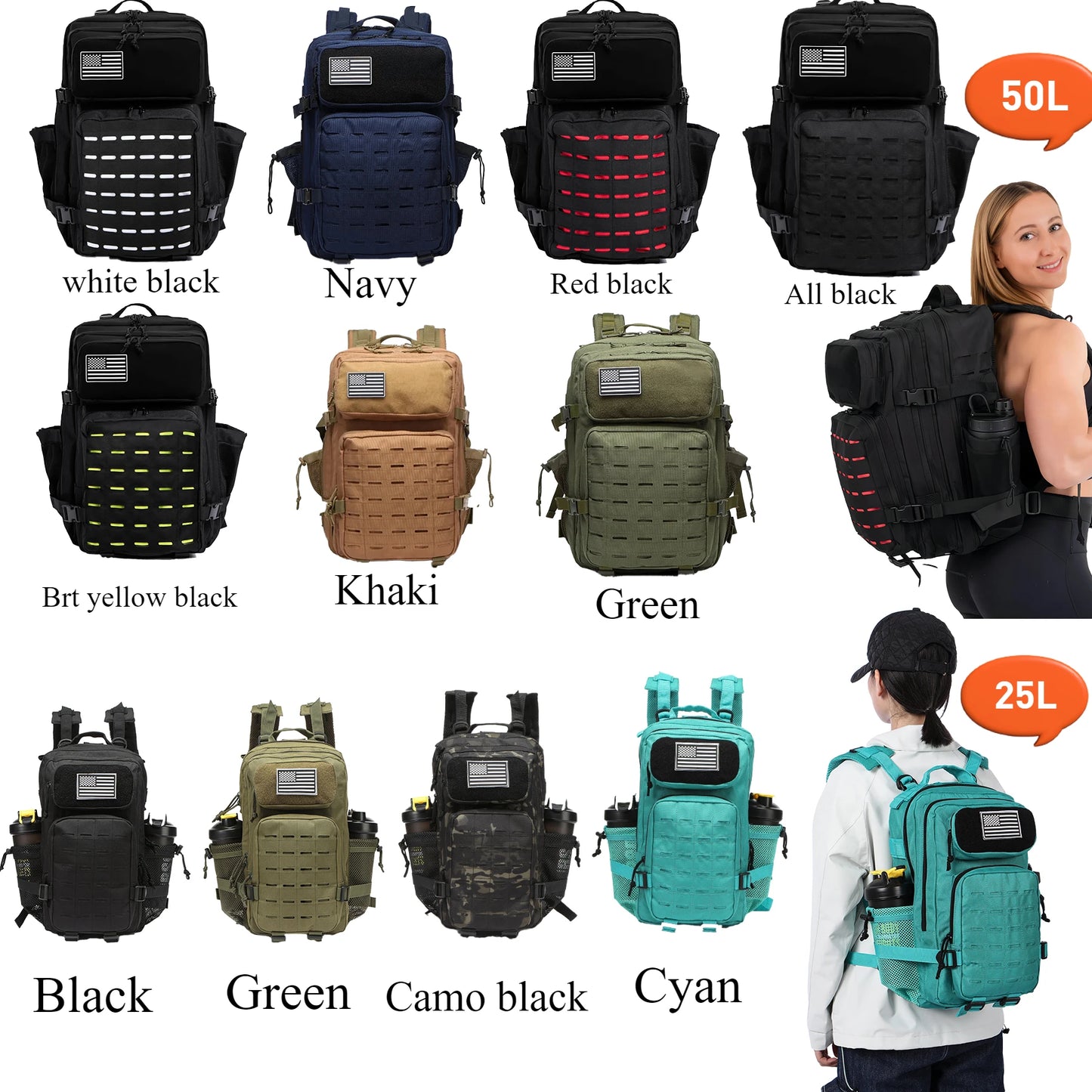 25L/50L Tactical MOLLE Backpack – Hunting, Hiking & Gym Rucksack for Men with 2 Bottle Holders, EDC Outdoor Bag