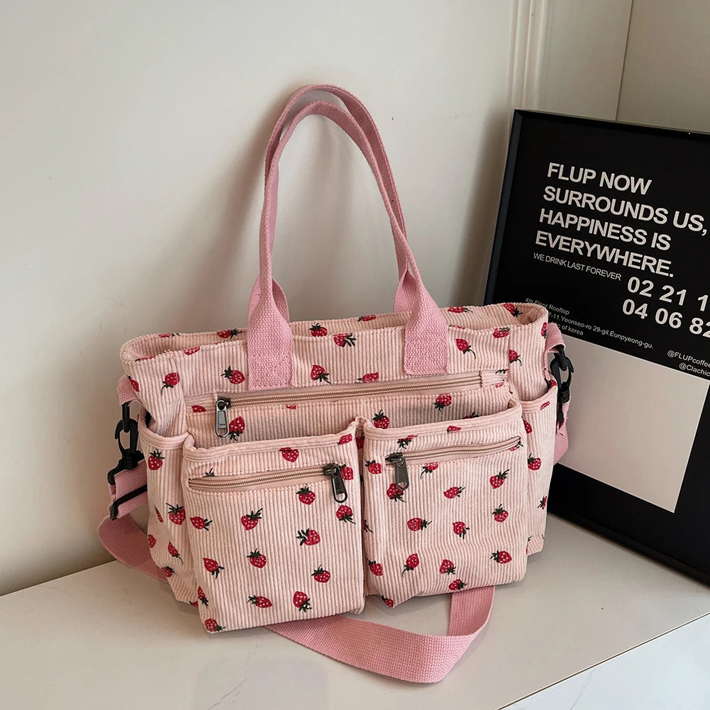 Cord-Lehrertasche für Damen – süßer Erdbeerdruck, große Kapazität, Schulter- und Umhängetasche für den Unterricht und Pendler, Tragetasche und Umhängetasche für die Arbeit und den täglichen Gebrauch, Messenger-Geldbörse