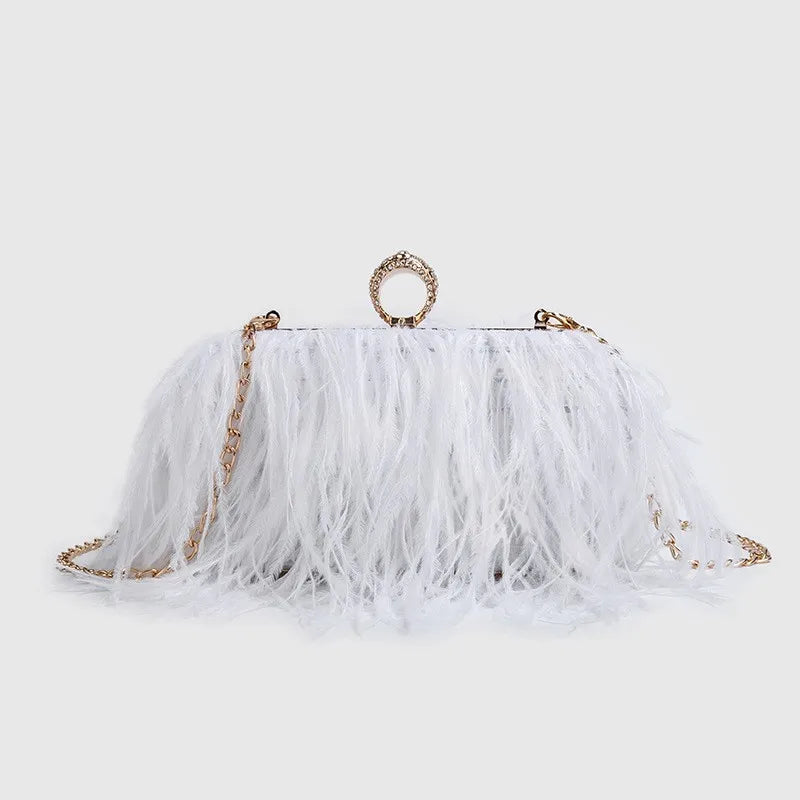 Multicolored Ostrich Feather Evening Clutch Purse with Knuckle Ring