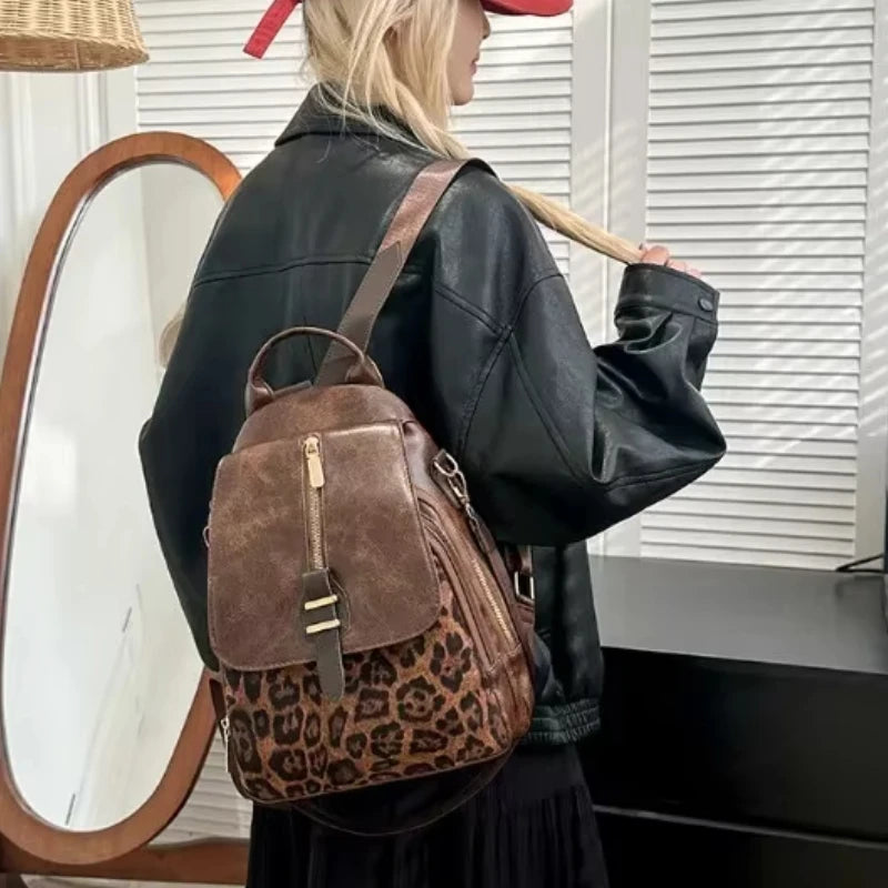 Damen-Rucksack mit Reißverschluss aus PU-Leder mit Leopardenmuster – modische Retro-Tasche für den Frühling