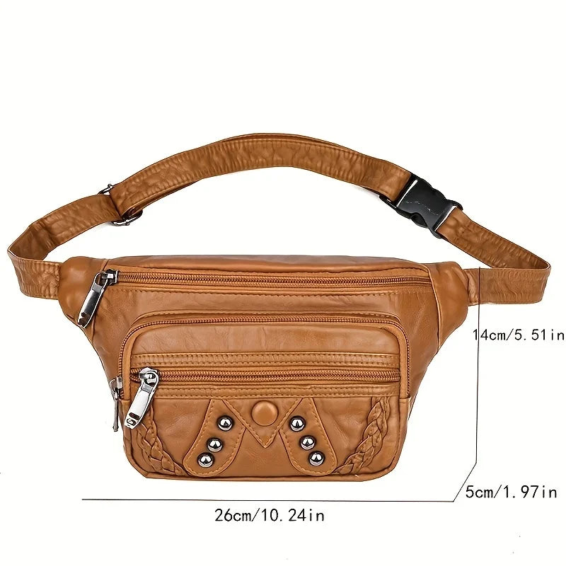 Women’s Vintage Studded Faux Leather Fanny Pack – Stylish Outdoor Travel Waist Bag