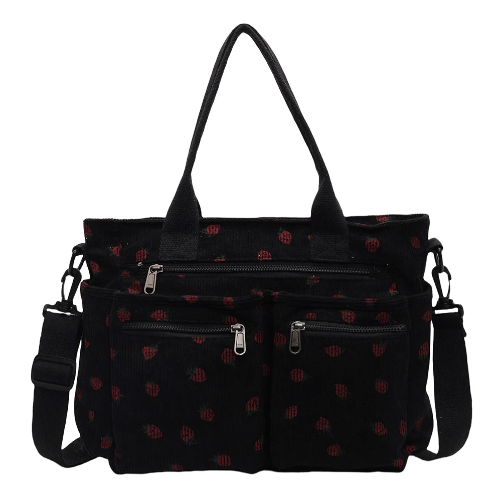 Cord-Lehrertasche für Damen – süßer Erdbeerdruck, große Kapazität, Schulter- und Umhängetasche für den Unterricht und Pendler, Tragetasche und Umhängetasche für die Arbeit und den täglichen Gebrauch, Messenger-Geldbörse