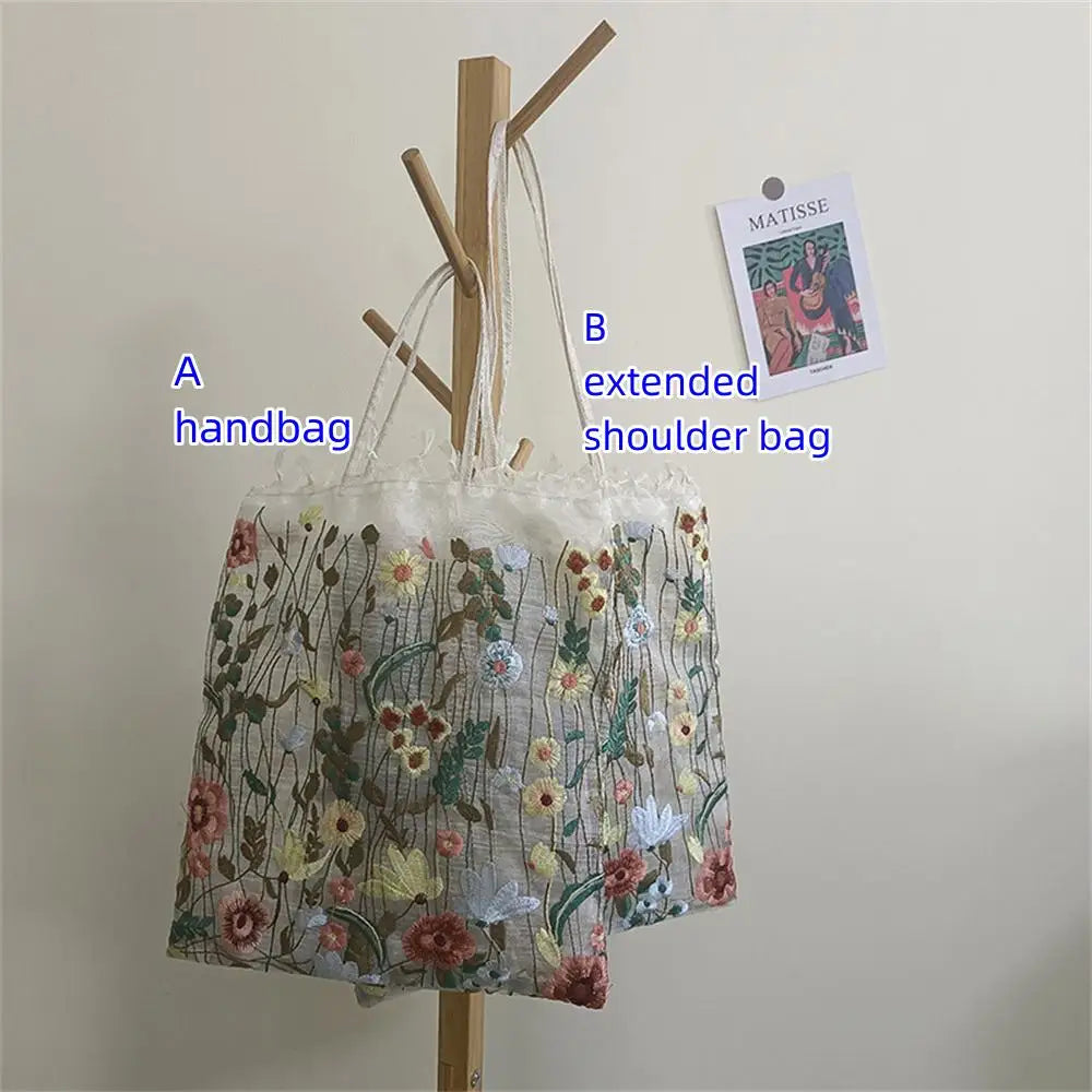 Tote Bag mit bestickter Netzblume – Transparente Sommer-Umhängetasche für Damen