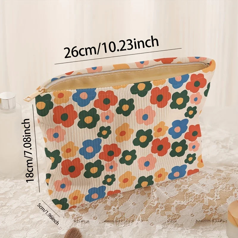Minimalistisch gestaltete Kosmetiktasche aus Cord mit Blumenmuster und Reißverschluss, leichtes und multifunktionales Kosmetik-Aufbewahrungstaschen-Set