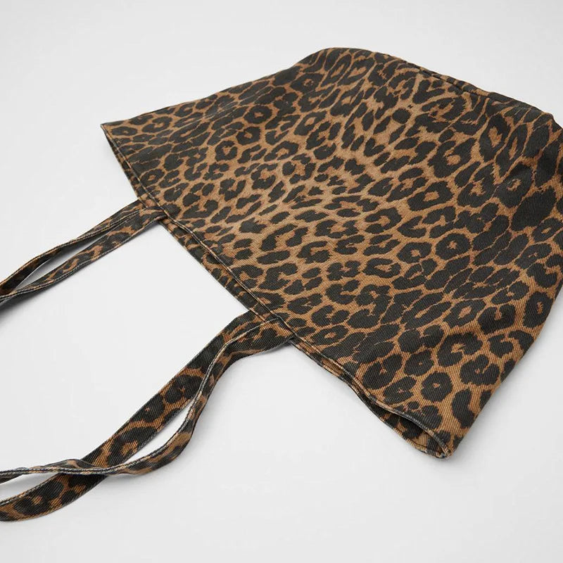 Leopard Print Canvas Tote Bag – Large Capacity Shoulder Handbag for Women