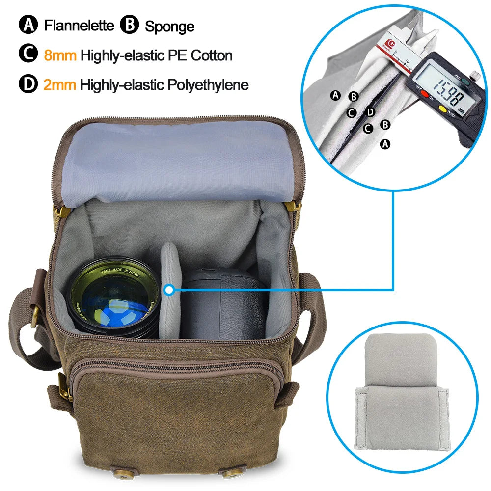 Cwatcun Wasserfeste Canvas-Kamera-Schultertasche – Stoßfeste Tasche für Canon, Nikon, Sony und Objektive