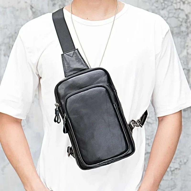 Sling Bag aus echtem Leder – Unisex Casual Brust- und Schultertasche mit Reißverschluss"