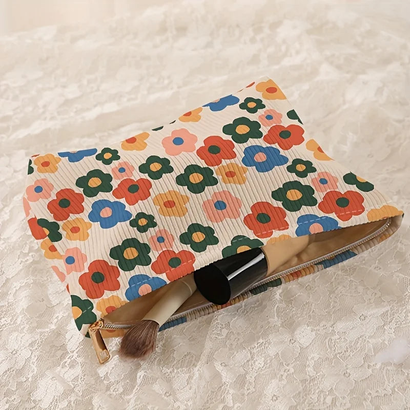 Minimalistisch gestaltete Kosmetiktasche aus Cord mit Blumenmuster und Reißverschluss, leichtes und multifunktionales Kosmetik-Aufbewahrungstaschen-Set