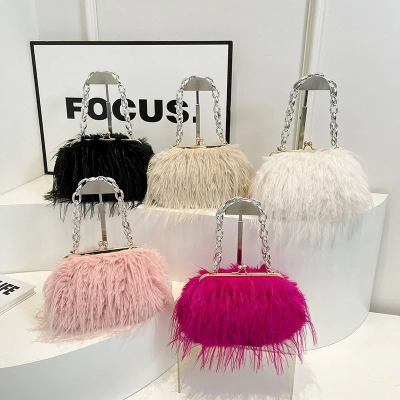 Damenhandtasche aus Plüschfedern – Umhängetasche aus imitierten Truthahnfedern mit Perlenkette, vielseitig für Partys und den Alltag