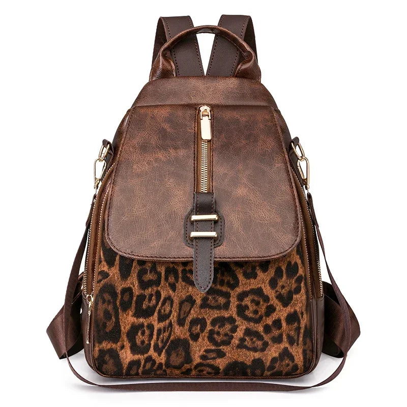 Damen-Rucksack mit Reißverschluss aus PU-Leder mit Leopardenmuster – modische Retro-Tasche für den Frühling