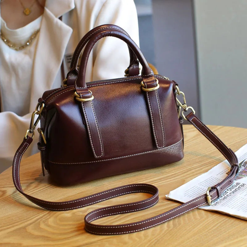 Vintage Luxury Cowhide Leather Women's Shoulder Bag Designer Boston