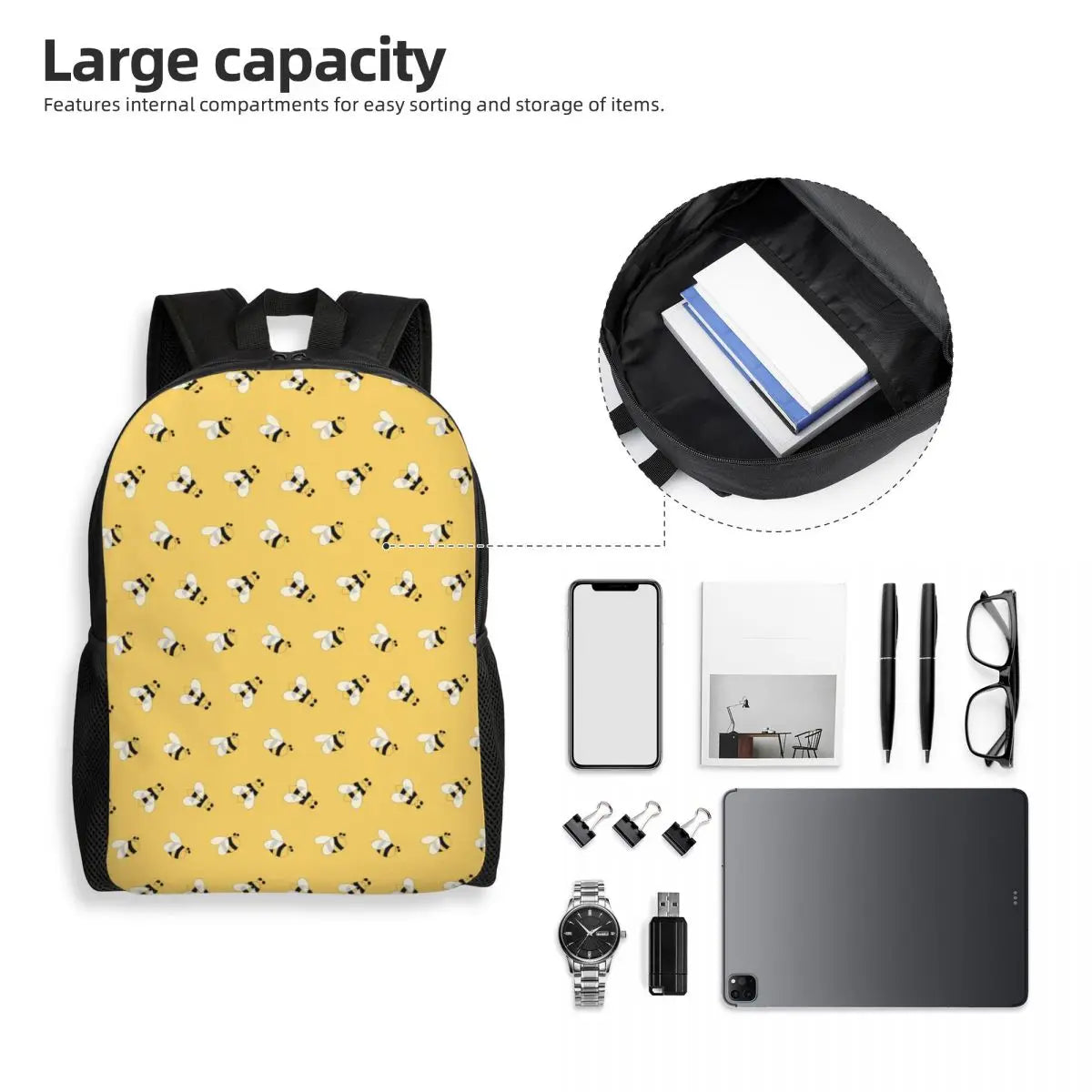Benutzerdefinierter Cartoon-Bienen-Rucksack – Wasserdichte Schul- und Collegetasche für Damen und Herren | Lustiger Bücherrucksack mit Tiermuster und viel Stil