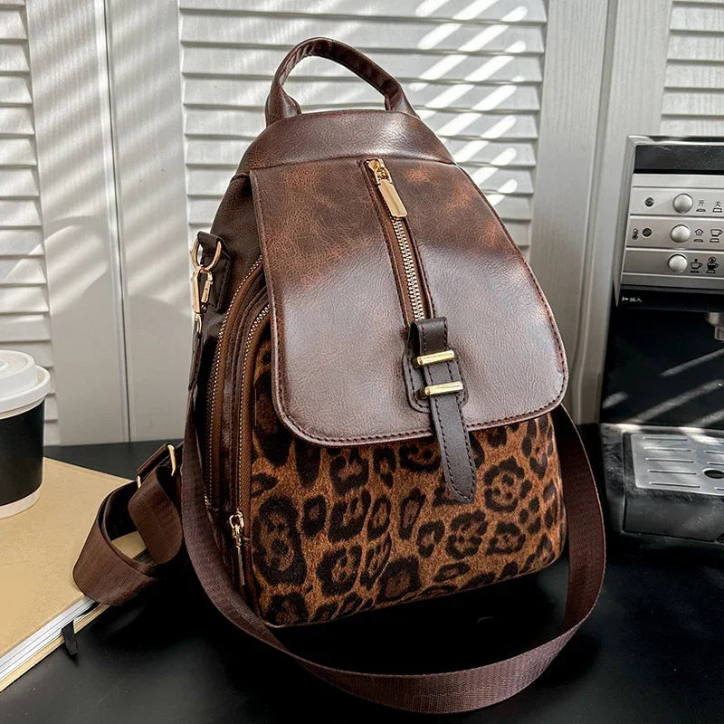 Damen-Rucksack mit Reißverschluss aus PU-Leder mit Leopardenmuster – modische Retro-Tasche für den Frühling