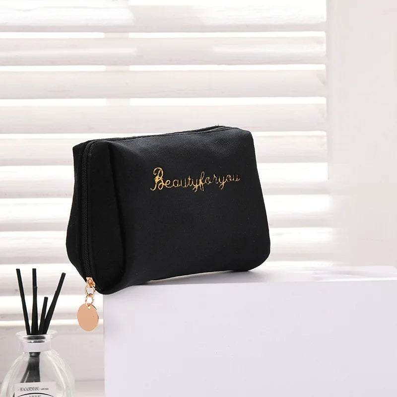Velvet Women Cosmetic Bag Travel Zipper Large for Makeup Solid Color