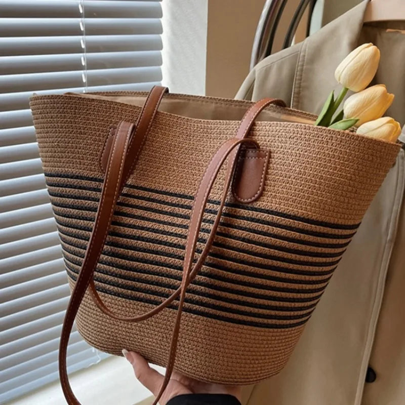 Women's Summer Large Capacity Straw Shoulder Bag Beach Vacation Lightweight