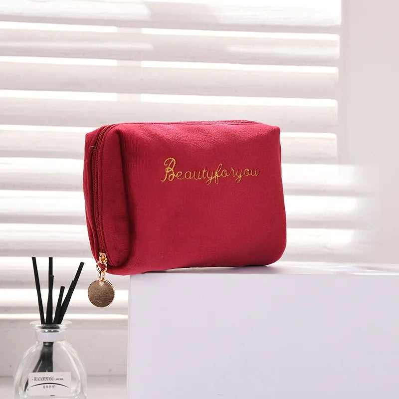 Velvet Women Cosmetic Bag Travel Zipper Large for Makeup Solid Color