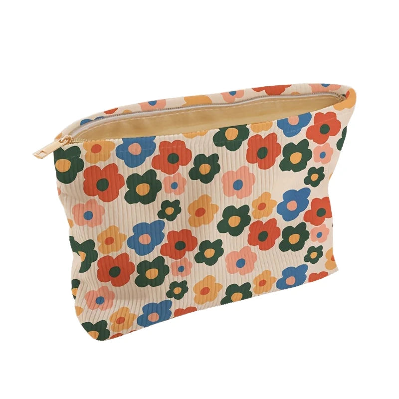 Minimalistisch gestaltete Kosmetiktasche aus Cord mit Blumenmuster und Reißverschluss, leichtes und multifunktionales Kosmetik-Aufbewahrungstaschen-Set