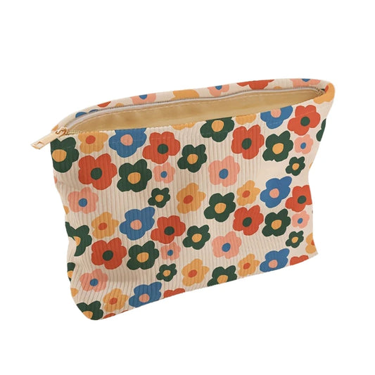 Minimalistisch gestaltete Kosmetiktasche aus Cord mit Blumenmuster und Reißverschluss, leichtes und multifunktionales Kosmetik-Aufbewahrungstaschen-Set
