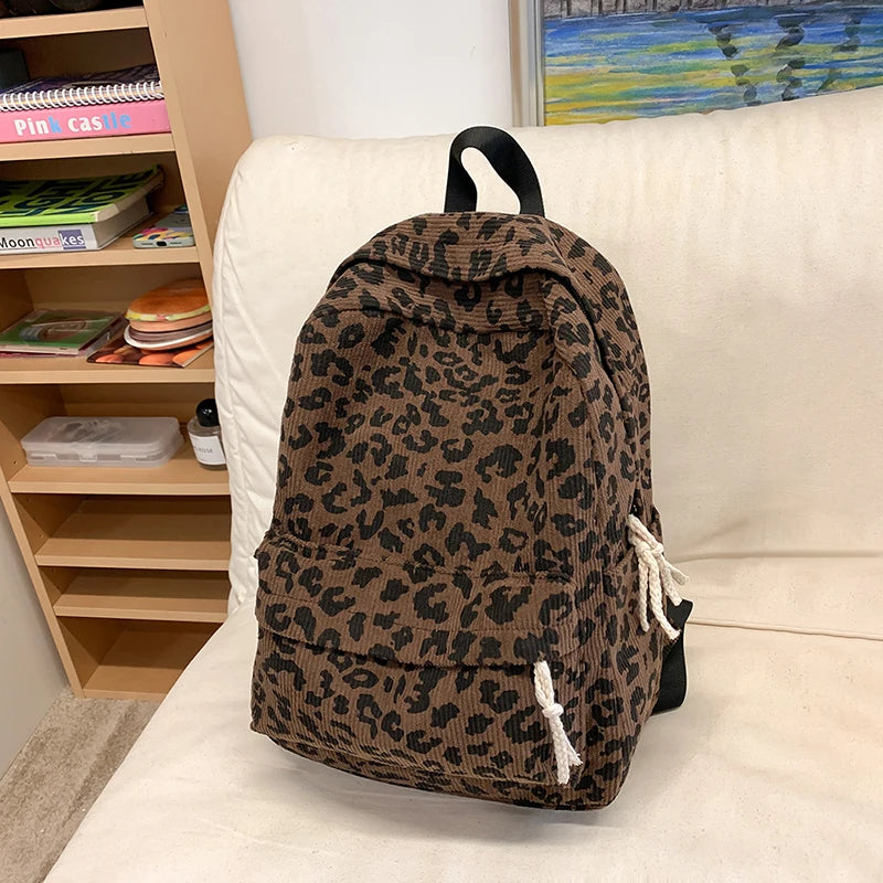 Rucksack aus Cord mit Leopardenmuster – Schultasche mit großem Fassungsvermögen für Teenager, modische Laptop-Büchertasche für Studenten und Reisende