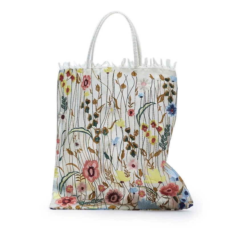 Tote Bag mit bestickter Netzblume – Transparente Sommer-Umhängetasche für Damen
