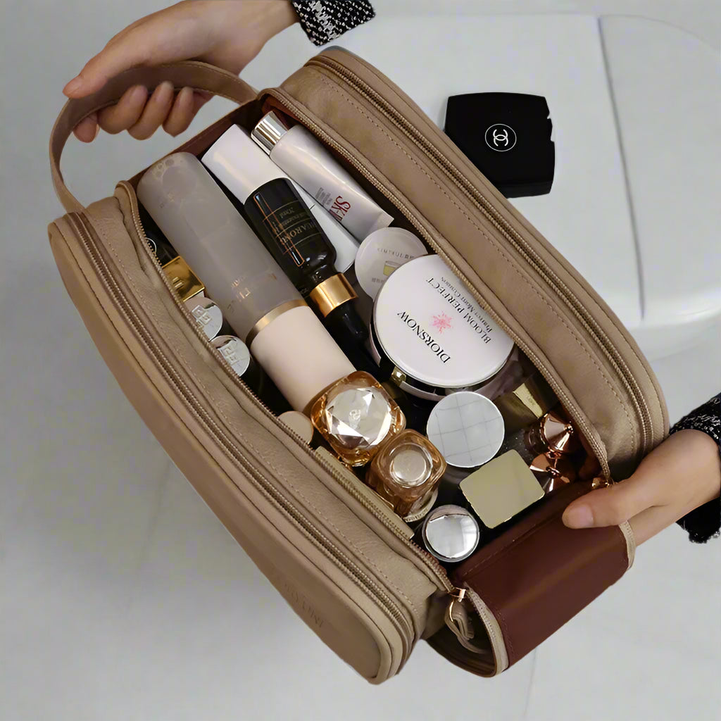 Schminktasche aus PU-Leder für Damen – Reise-Organizer mit großem Fassungsvermögen, Doppelreißverschluss und Pinselaufbewahrung