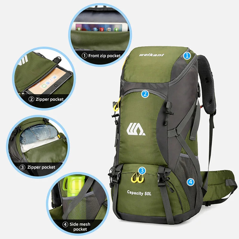 50L wasserdichter Wanderrucksack – Reise- und Campingrucksack mit großem Fassungsvermögen