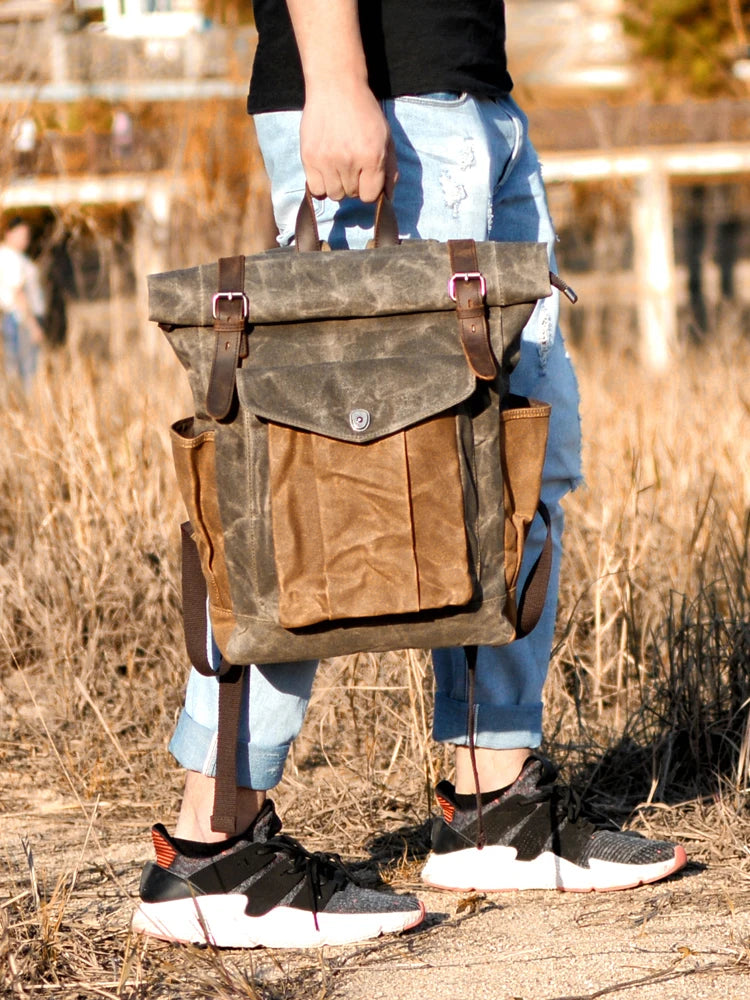 Luxury Vintage Canvas Backpack for Men – Oil Wax Leather Travel Rucksack, Large Waterproof Retro Daypack