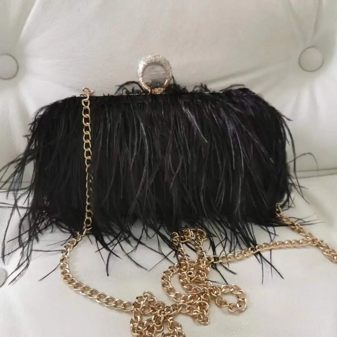 Multicolored Ostrich Feather Evening Clutch Purse with Knuckle Ring