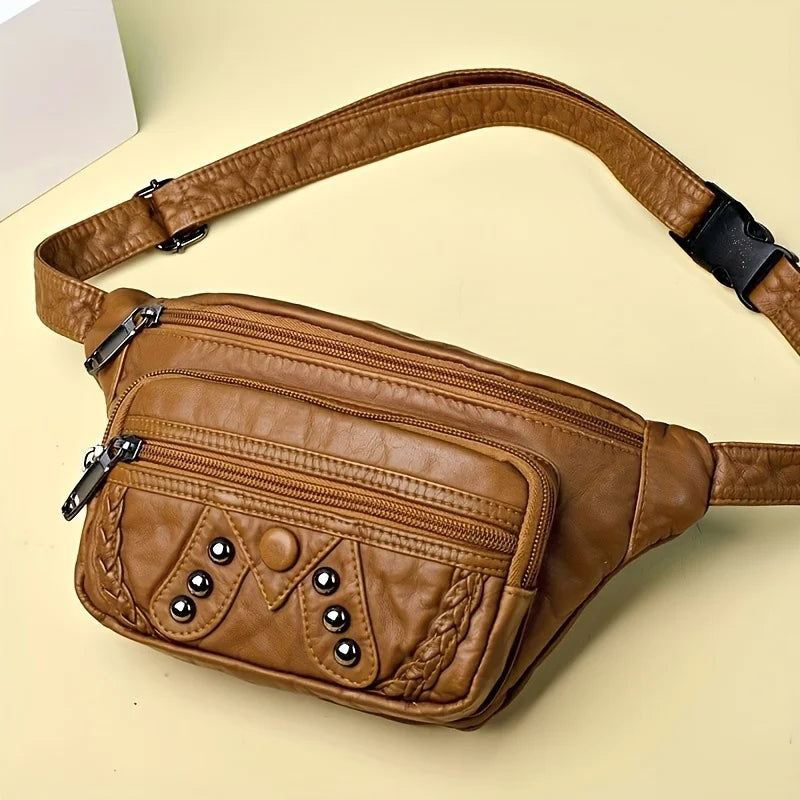 Women’s Vintage Studded Faux Leather Fanny Pack – Stylish Outdoor Travel Waist Bag