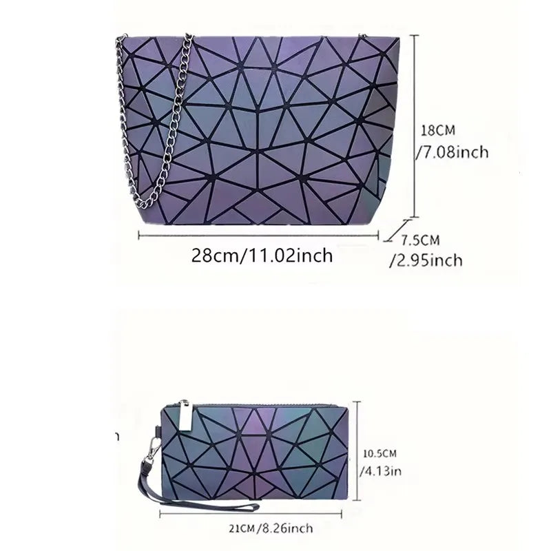 Reflektierende geometrische Umhängetasche – Leuchtende holografische Schultertasche mit Kette für Damen