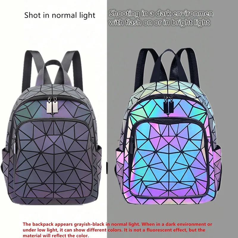 Leuchtender geometrischer Rucksack für Damen – holografische PVC-Schultasche für Teenager und Reisen