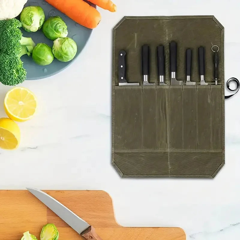 Rolltasche für Kochmesser aus gewachstem Canvas – Tragbare, wasserdichte Aufbewahrung für Küchen-, Picknick-, Camping- und Grillutensilien