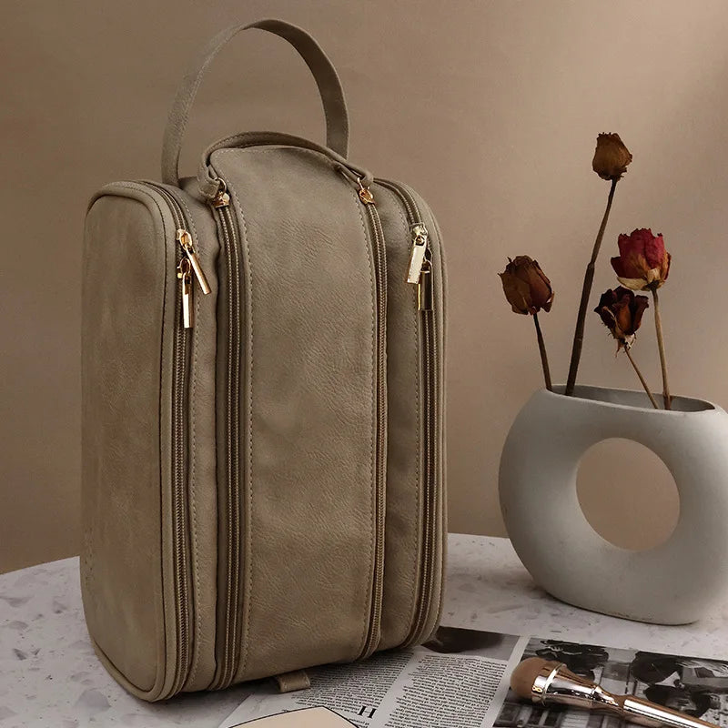 Schminktasche aus PU-Leder für Damen – Reise-Organizer mit großem Fassungsvermögen, Doppelreißverschluss und Pinselaufbewahrung