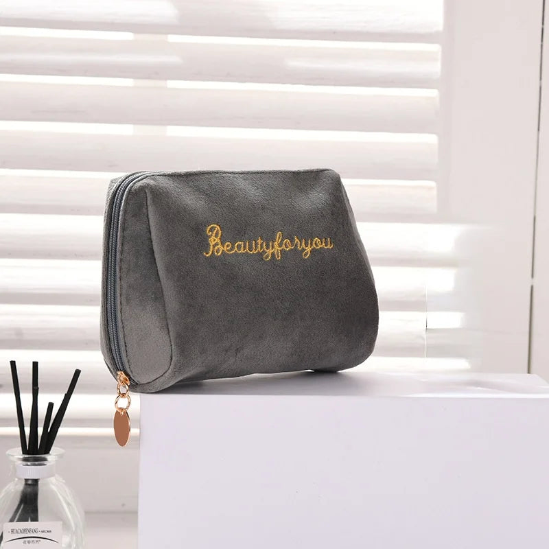 Velvet Women Cosmetic Bag Travel Zipper Large for Makeup Solid Color