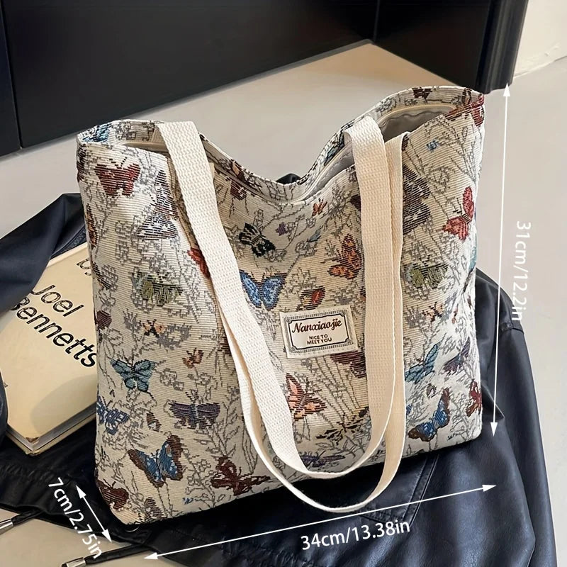 Schicke Canvas-Handtasche mit großem Fassungsvermögen und buntem Schmetterlings- und Blumendesign – modische Umhängetasche mit Reißverschluss