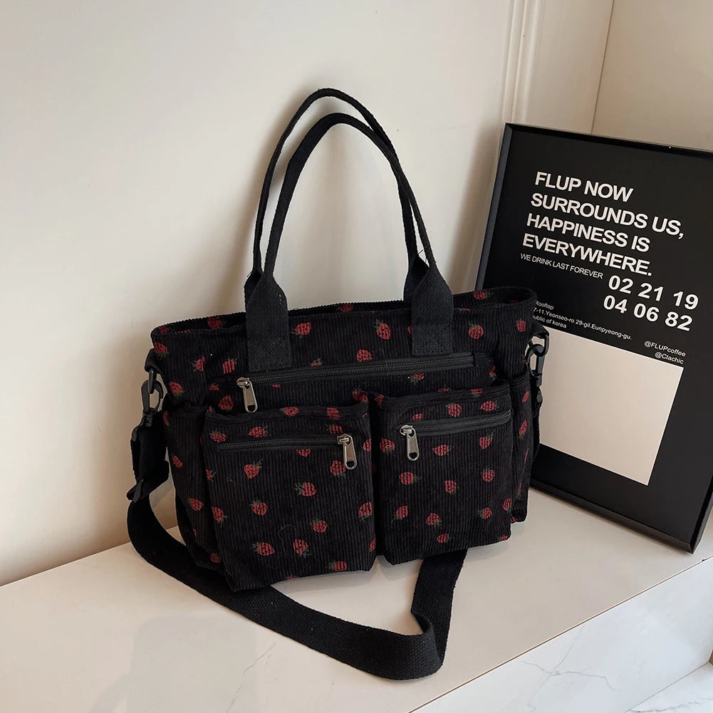 Cord-Lehrertasche für Damen – süßer Erdbeerdruck, große Kapazität, Schulter- und Umhängetasche für den Unterricht und Pendler, Tragetasche und Umhängetasche für die Arbeit und den täglichen Gebrauch, Messenger-Geldbörse