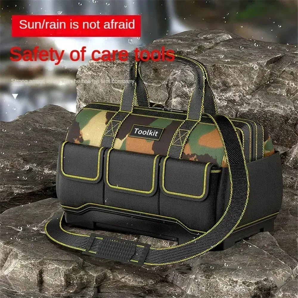 Werkzeugtasche für Elektriker in Camouflage – Wasserdichter, harter Boden, Werkzeug-Organizer mit mehreren Taschen und Schultergurt