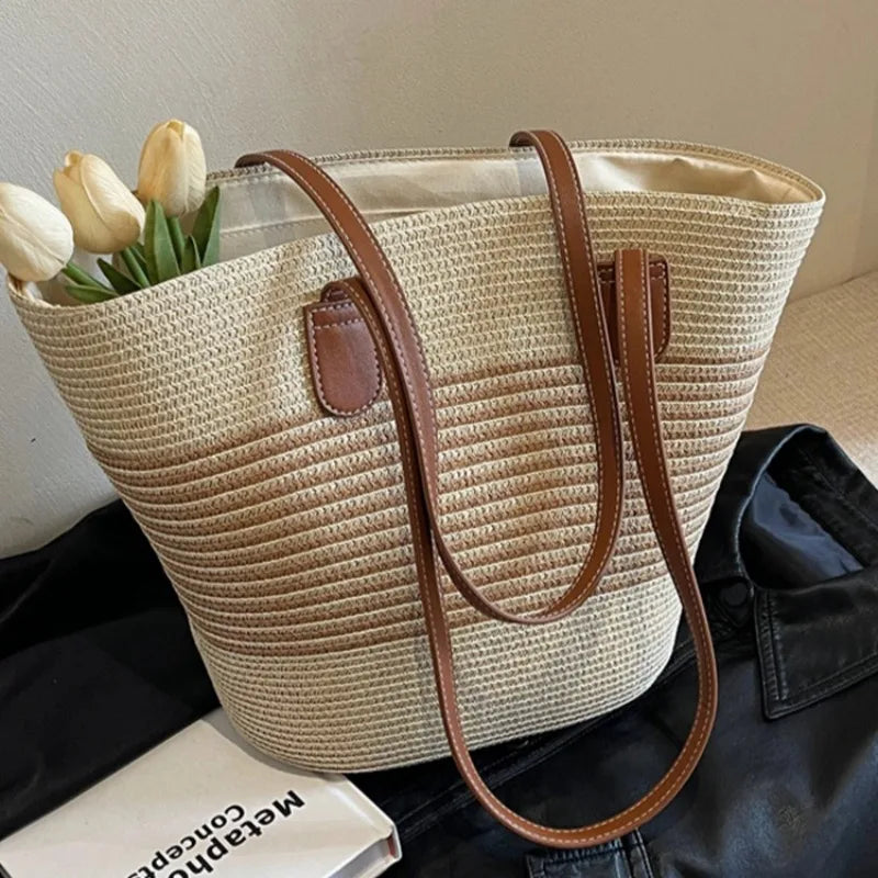 Women's Summer Large Capacity Straw Shoulder Bag Beach Vacation Lightweight