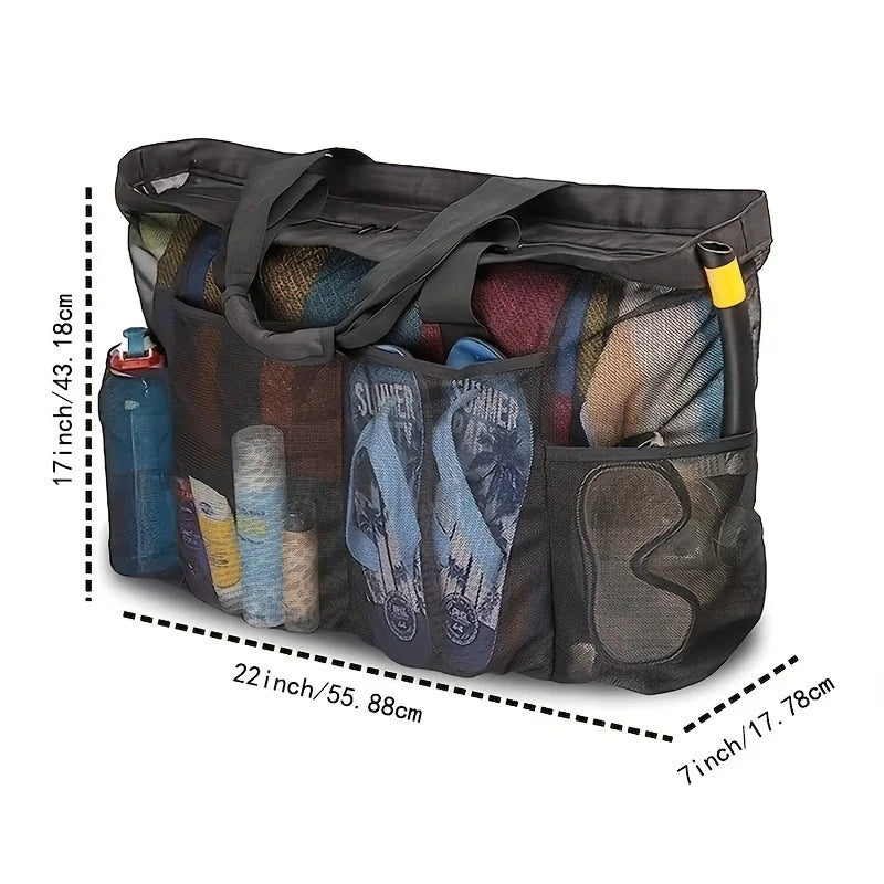 Extra große Strandtasche – leicht, faltbar und wasserdicht mit Netzriemen, Reißverschlusstaschen und sicheren Schultergriffen