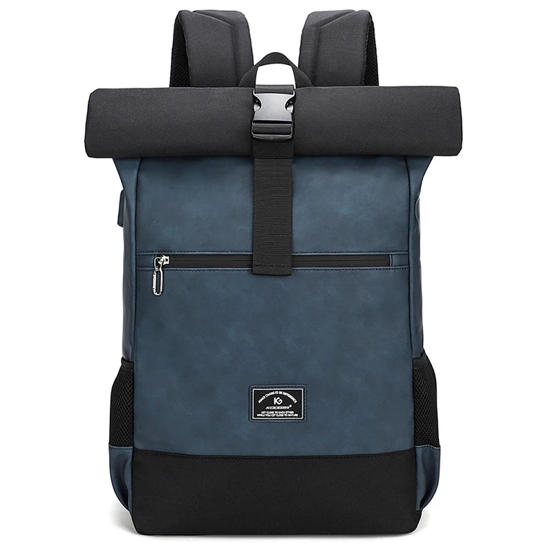 Luxury Waterproof PU Leather Backpack Lightweight Roll Top Rucksack
