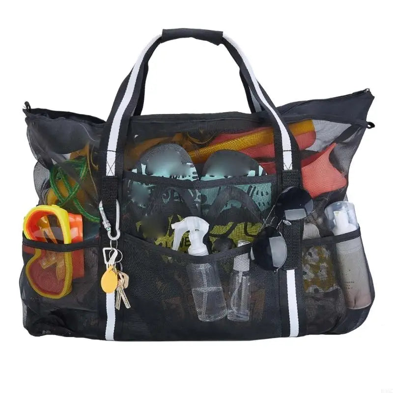 Extragroße Netz-Strandtasche D46C – Leichte Nylon-Tragetasche mit Reißverschluss und Taschen für Reise-, Pool- und Sommerausrüstung